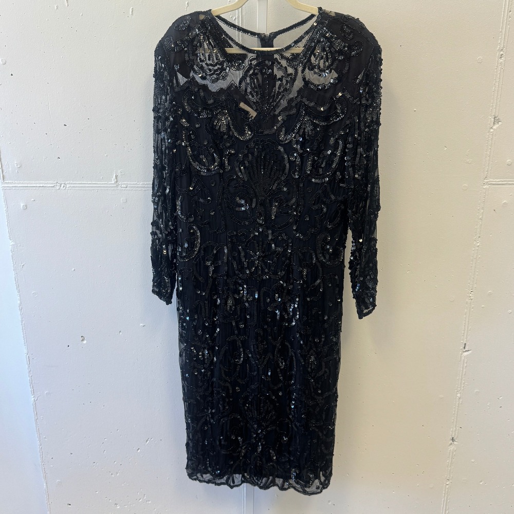 Vintage Swee Lo Pure Silk‎ Beaded Sequin Cocktail Midi Dress Long Sleeve Size QS